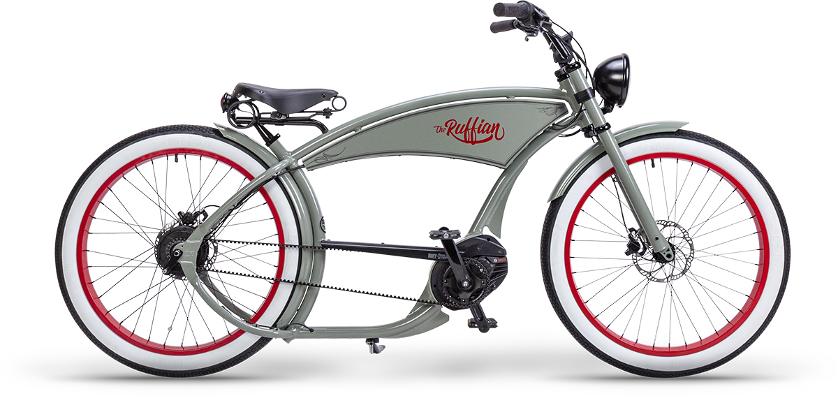 Ruff Cycles Ruffian Cementgrey Gen 4 mit rotem Logo und roten Details seitlich
